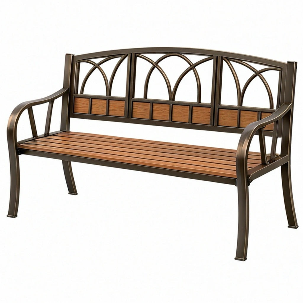 Ławka ogrodowa 125 x 60 x 90 cm metalowa brązowa z drewnianym siedziskiem klasyczna