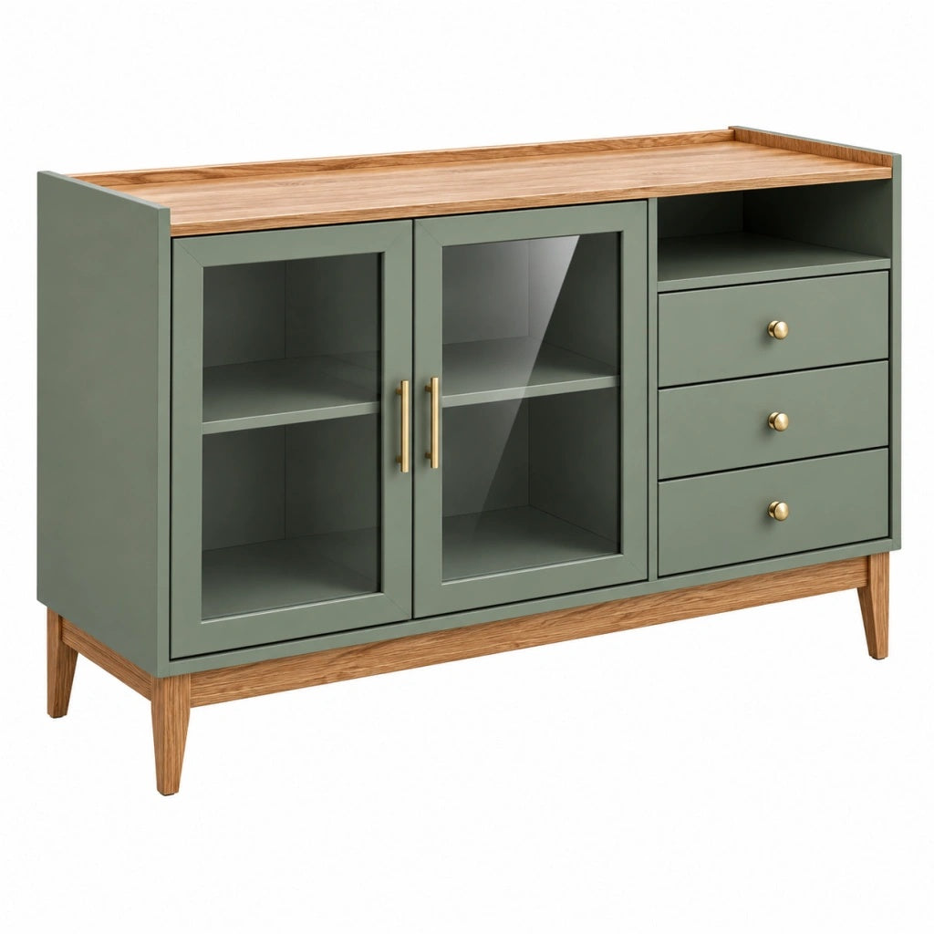 Komoda 140 x 40 x 85 cm zielona z drewnianym blatem i przeszkleniem - do salonu w stylu retro