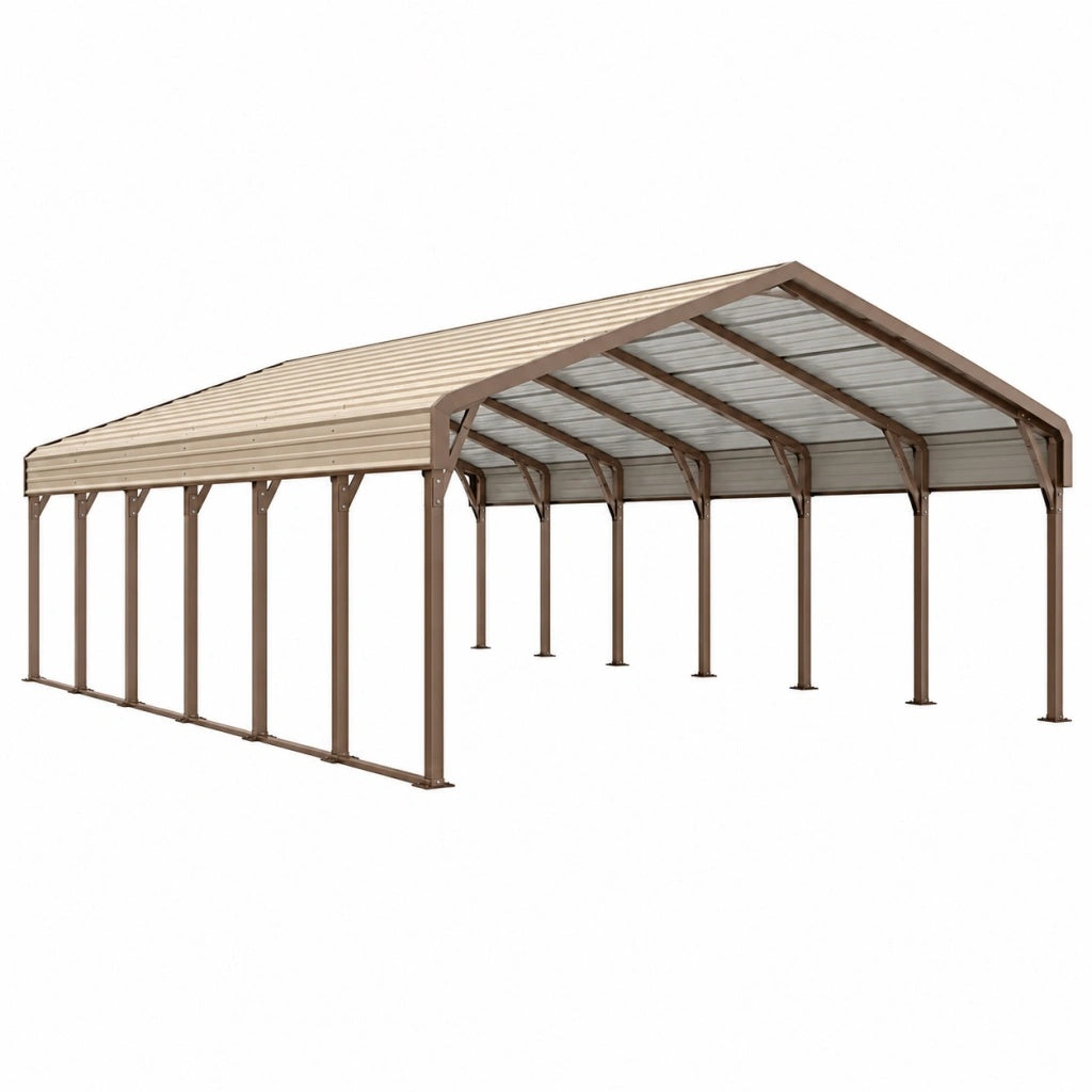 Wiata garażowa 610 x 305 x 270 cm metalowa brązowa z dachem dwuspadowym
