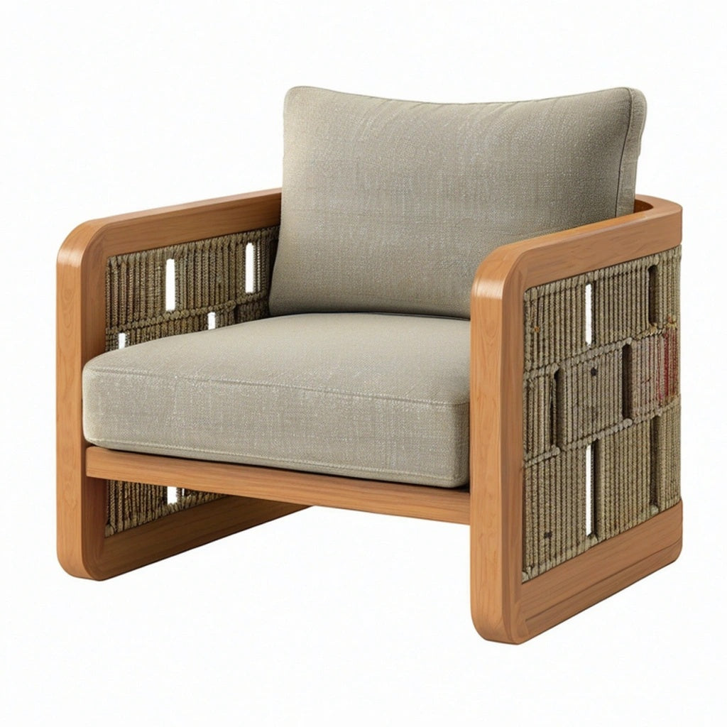 Fotel 78 x 75 x 75 cm drewniany beżowy z plecionymi bokami do salonu